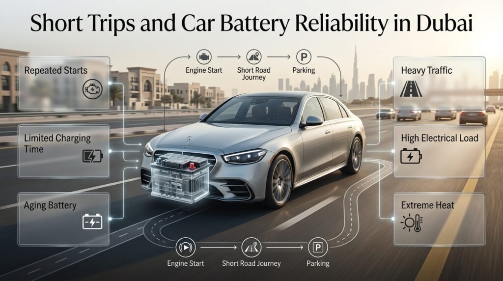 Short trips affecting car battery reliability in Dubai through repeated starts, limited charging time, traffic, and heat