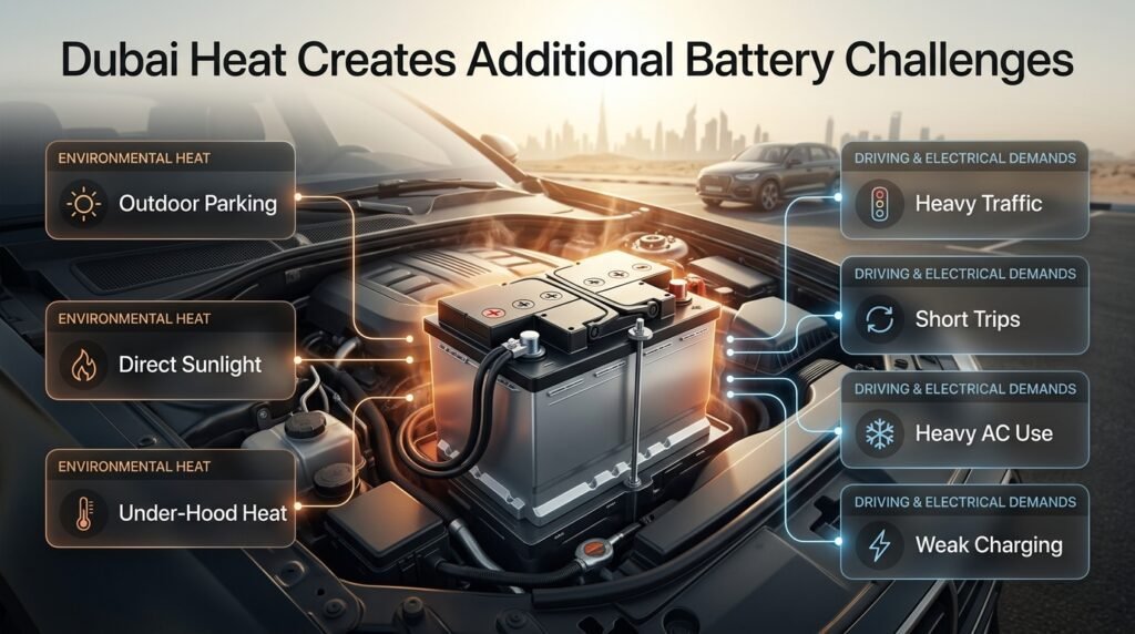 Dubai heat affecting car battery performance through outdoor parking, traffic, short trips, AC use, and under-hood temperatures.