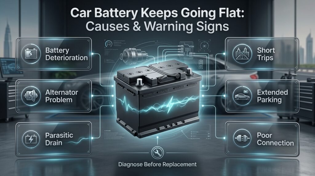Car battery keeps going flat due to deterioration, alternator faults, parasitic drain, short trips, parking, or poor connections.