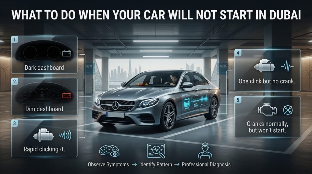 Car will not start at a Dubai tourist attraction, showing dashboard symptoms and professional battery troubleshooting guidance.