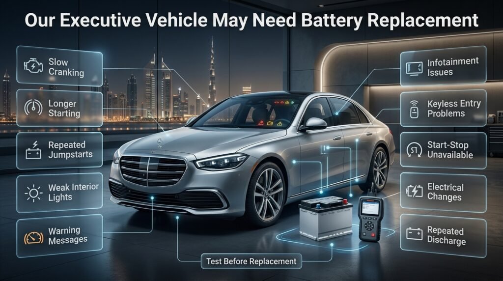 Executive vehicle battery warning signs including slow cranking, electrical alerts, weak lighting, and repeated starting problems in Dubai.