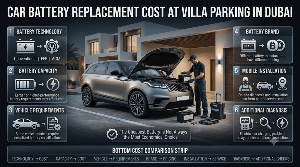 Car battery replacement cost at Dubai villa parking, showing battery type, capacity, vehicle model, brand, installation, and diagnosis