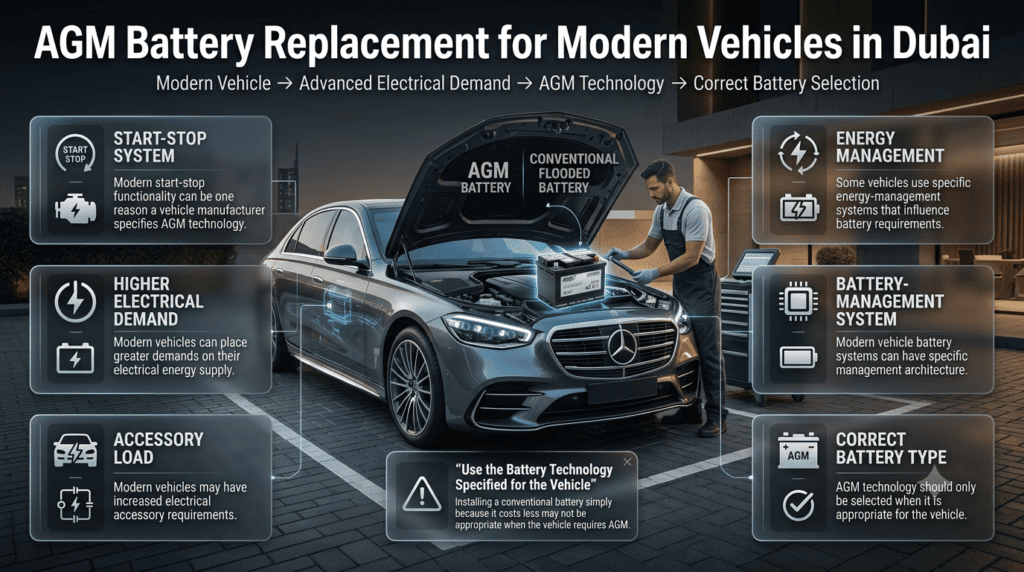 AGM battery replacement for modern vehicles in Dubai, highlighting start-stop systems, electrical demand, and battery management