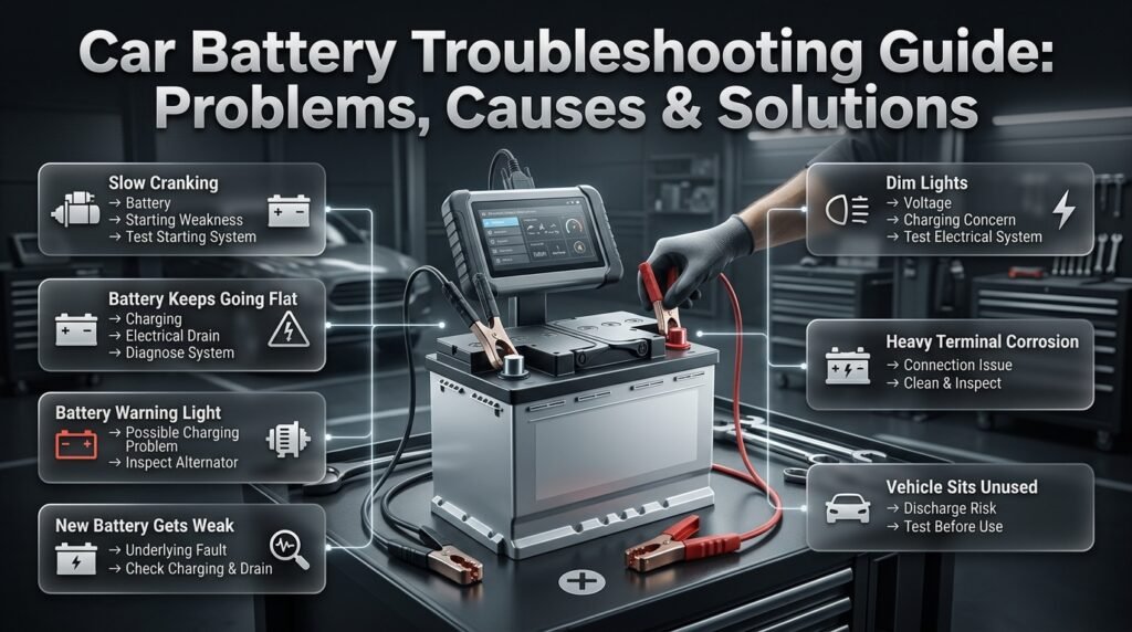 Car battery troubleshooting guide showing slow cranking, battery drain, warning lights, dim lights, corrosion and diagnostic solutions.