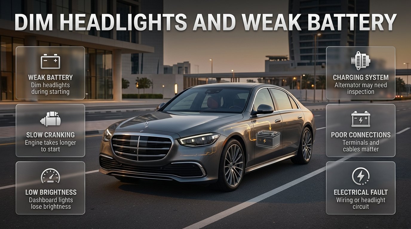 Dim headlights and weak battery showing a car electrical system warning, slow cranking, and battery charging problems in Dubai. Dim Headlights and Weak Battery: Causes & Warning Signs