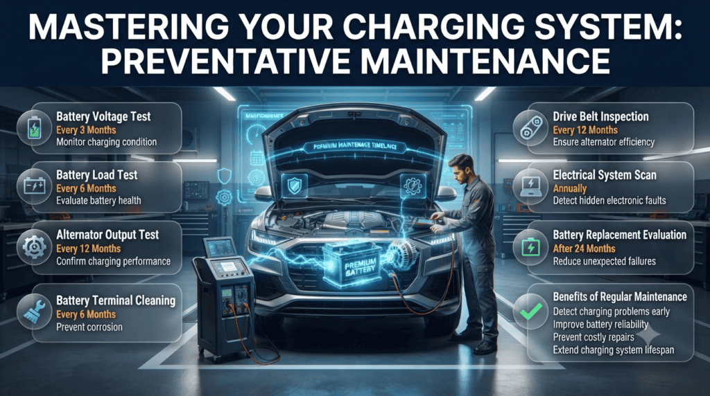 Premium automotive infographic showing a recommended charging system maintenance schedule, including battery tests, alternator inspections, drive belt checks, and electrical system diagnostics.