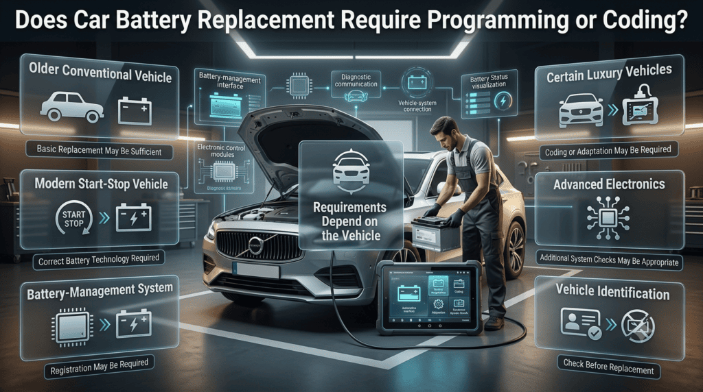 Car battery replacement showing battery registration, coding, adaptation, and electronic system requirements by vehicle type.