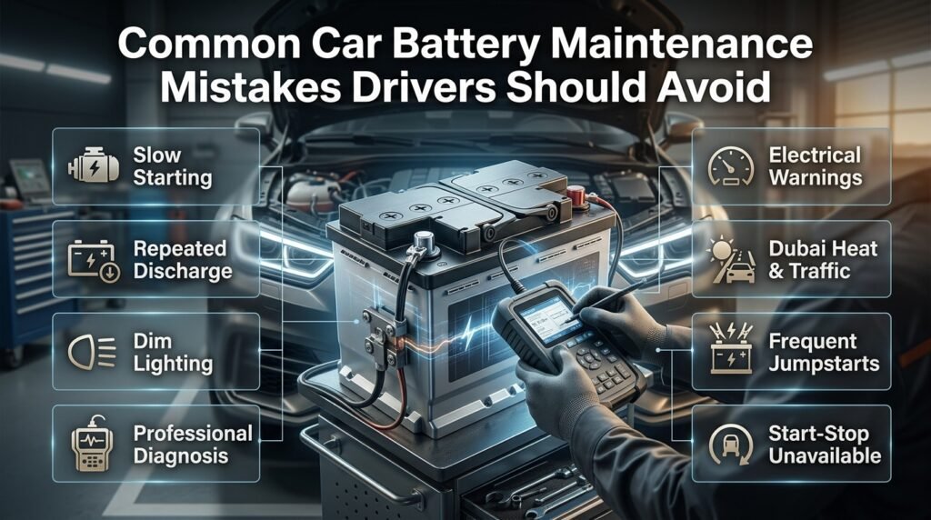Car battery maintenance mistakes infographic showing slow cranking, repeated jumpstarts, wrong battery choice, accessories, and storage.