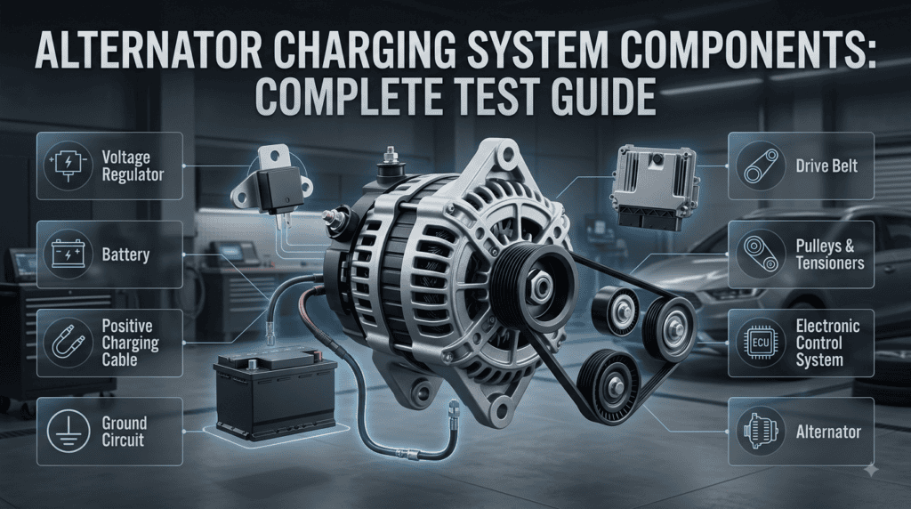 Alternator charging system components showing battery, regulator, cables, ground, belt, pulleys, and electronic controls