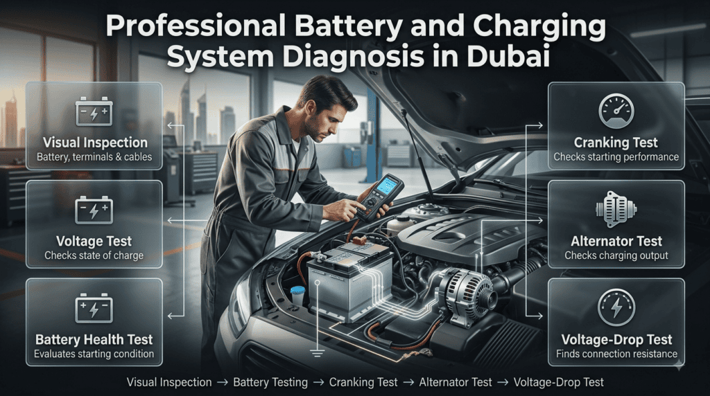 Technician testing a car battery, alternator, terminals and charging system after heavy AC operation in Dubai