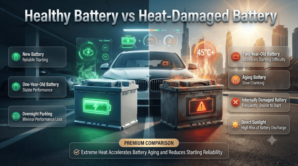 Comparison infographic showing a healthy car battery versus a heat-damaged battery after overnight parking and direct sunlight exposure in Dubai's extreme climate.