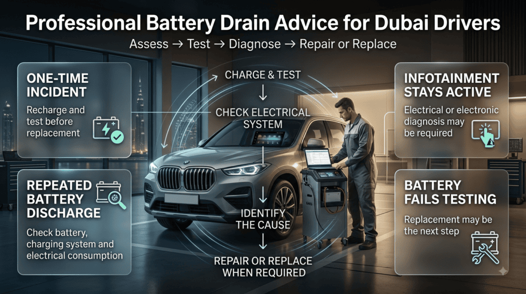 Professional advice for Dubai drivers dealing with repeated battery drain, infotainment staying active, charging faults, and battery failure.