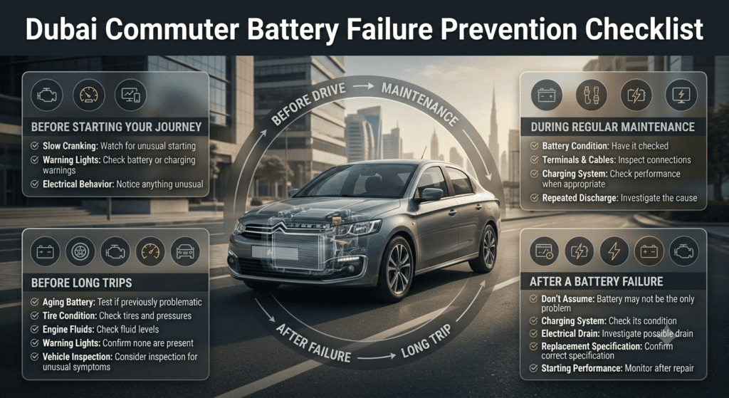 Dubai commuter battery checklist covering starting symptoms, warning lights, maintenance, charging system checks, and battery failure prevention