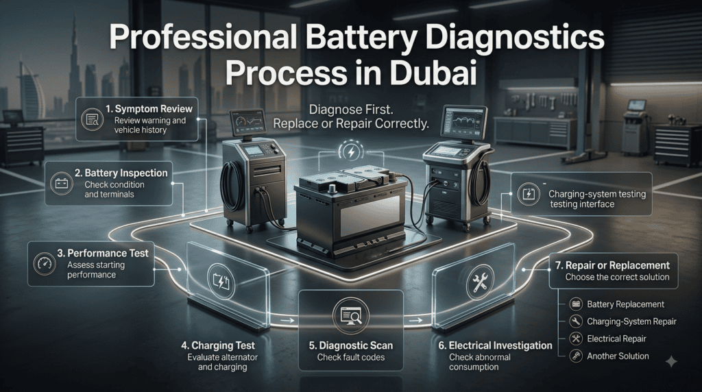 Professional battery diagnostics in Dubai showing seven steps from symptom review and battery testing to repair or replacement