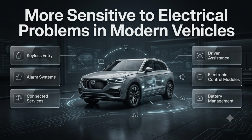 Modern vehicle electrical systems with electronic modules, security features, and low-power systems affected by electrical problems.