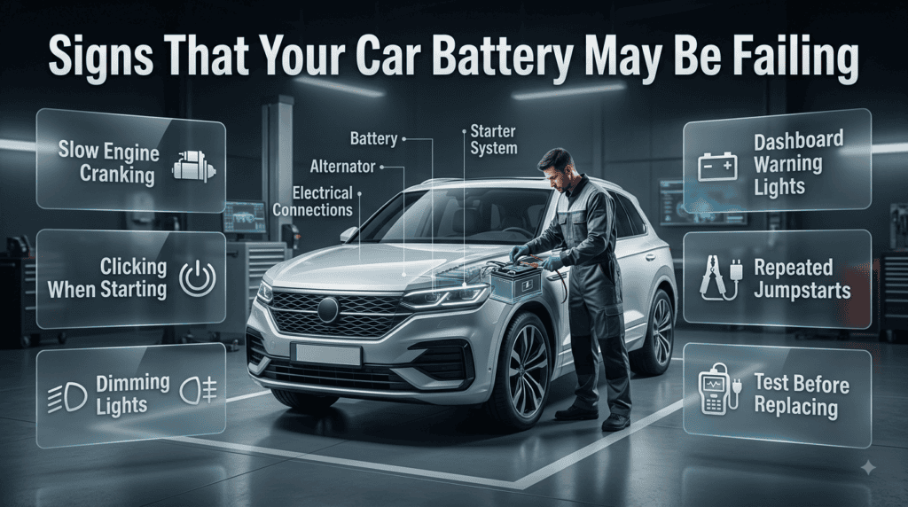 Car battery failure warning signs including slow cranking, clicking, dimming lights, warning lights, and repeated jumpstarts.