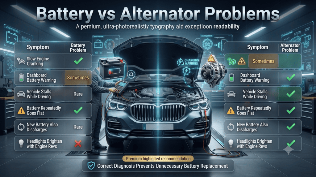 Comparison infographic showing the differences between battery problems and alternator problems using common vehicle symptoms and professional diagnostics.