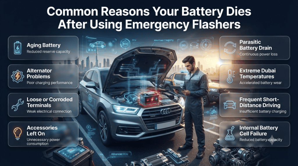 Infographic explaining the common reasons a car battery dies after using emergency flashers, including aging batteries, alternator issues, parasitic drain, corroded terminals, and Dubai's extreme heat.
