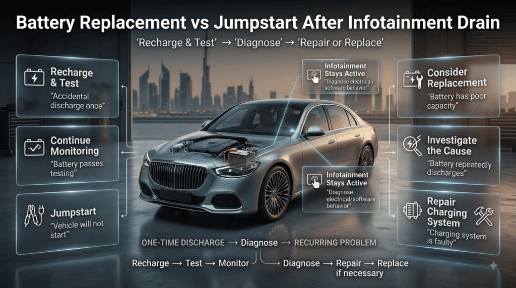 Battery replacement versus jumpstart after infotainment drain, showing when to recharge, test, diagnose, or replace a car battery.