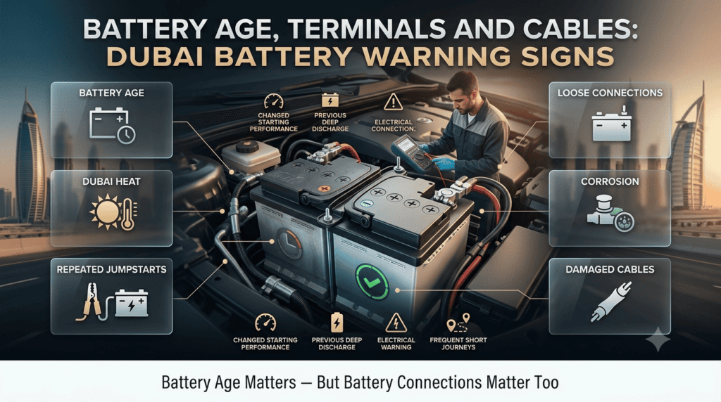 Car battery age and terminal problems in Dubai showing reduced capacity, corrosion, loose connections, and starting issues.
