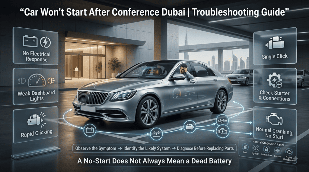 Car that will not start after a Dubai conference, showing battery symptoms and professional starting-system diagnosis.
