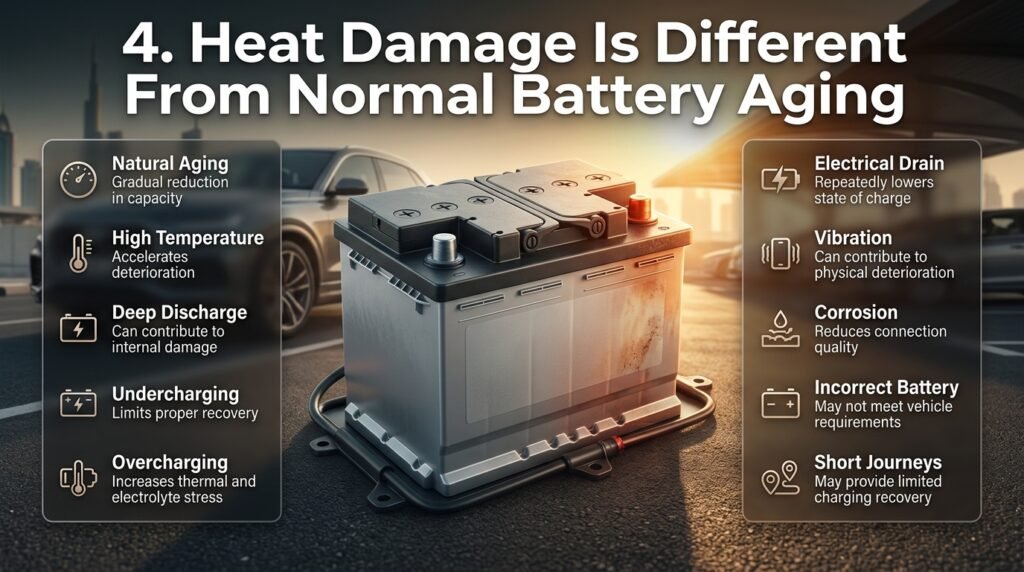 Heat damage versus normal battery aging showing how high temperatures accelerate car battery deterioration and performance loss.