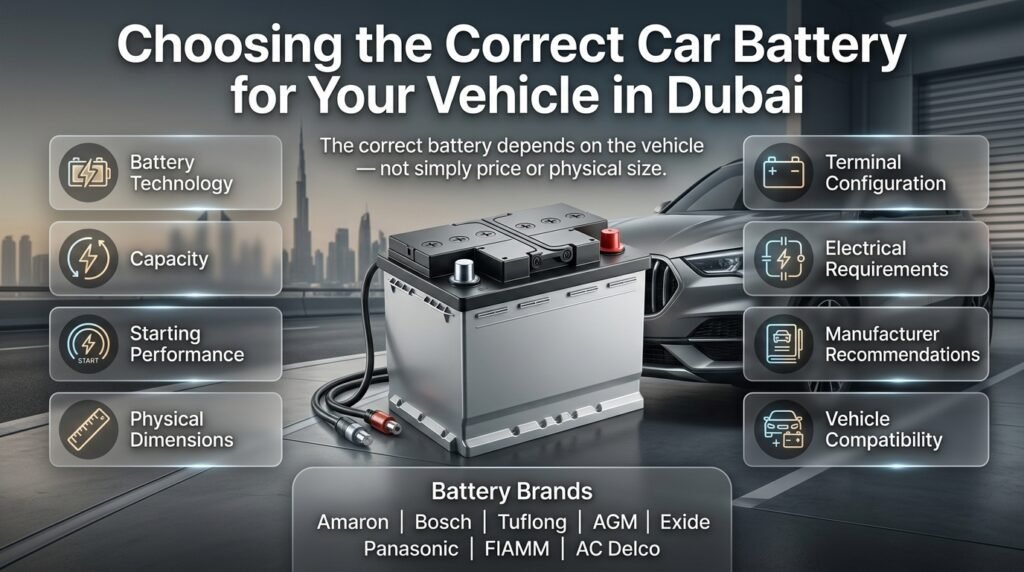 Choosing the correct car battery in Dubai based on technology, capacity, size, terminals, starting power, and vehicle requirements.
