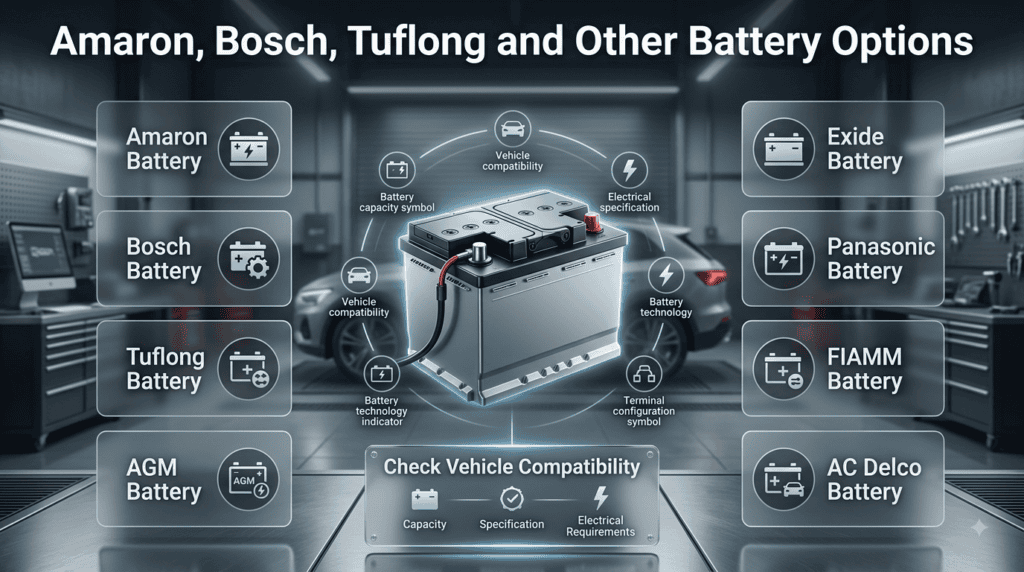 Amaron, Bosch, Tuflong, AGM, Exide, Panasonic, FIAMM and AC Delco car battery options for compatible vehicles.
