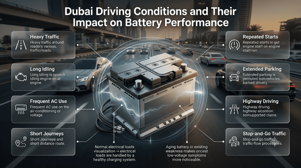 Dubai driving conditions affecting car battery performance, including traffic, AC use, short trips, idling, and extended parking.