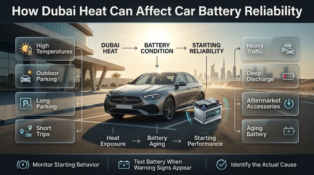 Dubai heat, outdoor parking, short trips, and battery age can affect car battery reliability and starting performance.