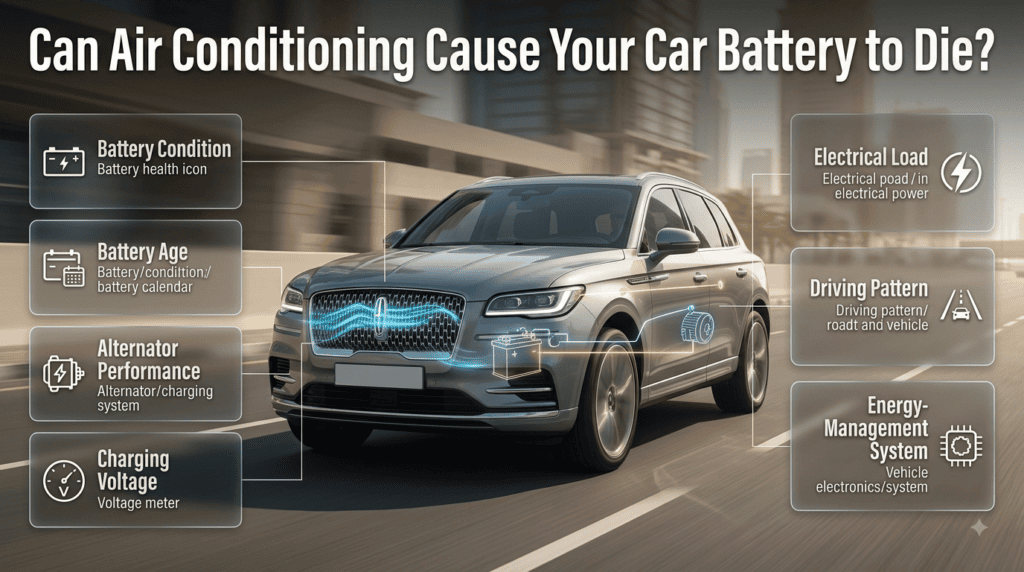 Car AC and battery infographic showing how battery condition, alternator performance, charging voltage, and electrical load affect vehicle power.