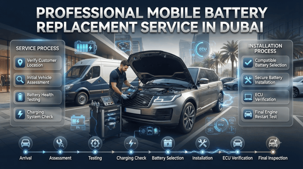 Premium infographic showing the step-by-step mobile battery replacement service process in Dubai, from technician arrival to final battery inspection and engine restart.