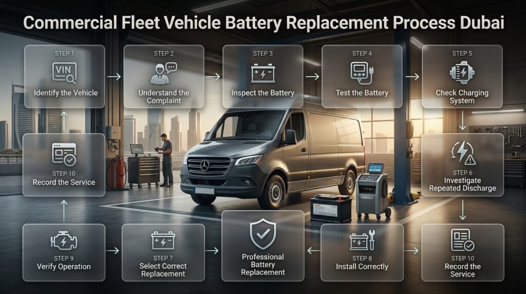 Professional commercial fleet battery replacement process in Dubai from vehicle identification and testing to installation and service records.