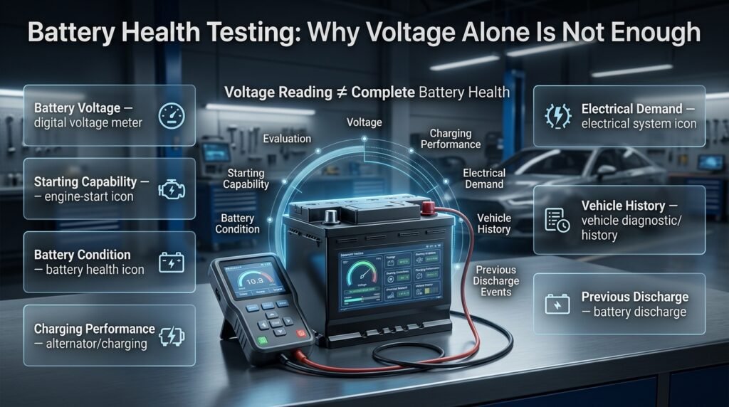 Professional car battery testing showing voltage, starting capability, charging performance, and electrical system analysis.