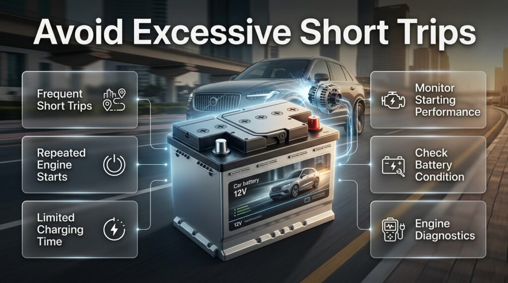 How frequent short trips affect car battery lifespan through repeated starts and limited alternator charging time.
