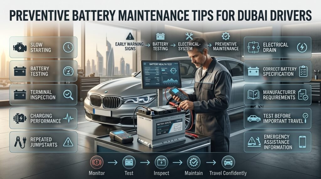 Preventive car battery maintenance for Dubai drivers, including testing, terminal inspection, charging checks, and correct battery selection.
