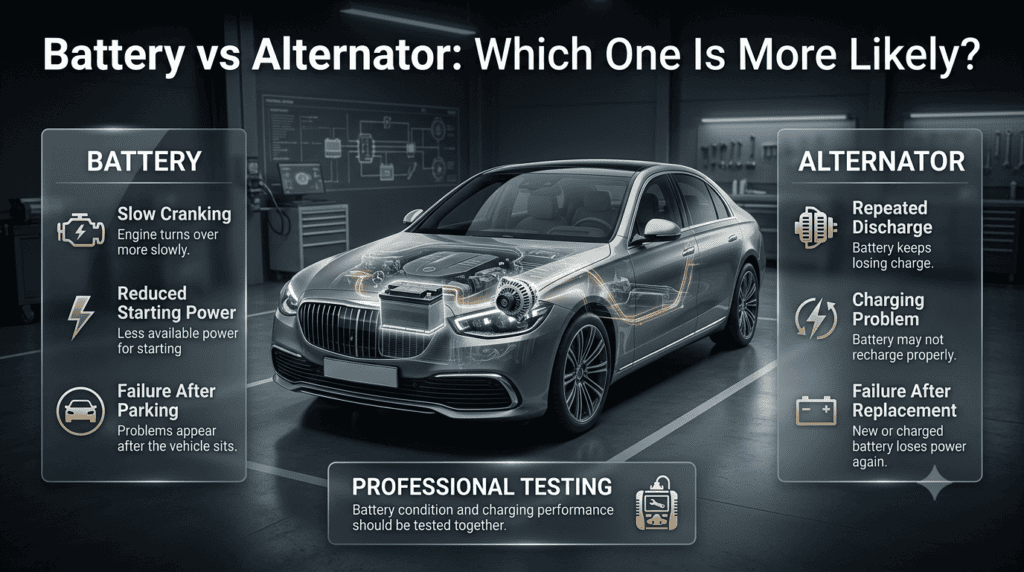 Battery vs alternator comparison showing car starting failure, slow cranking, repeated discharge, and professional vehicle inspection.
