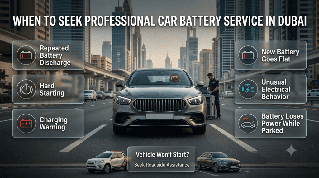 Car battery warning signs in Dubai showing repeated discharge, hard starts, charging alerts, and when professional service is needed.