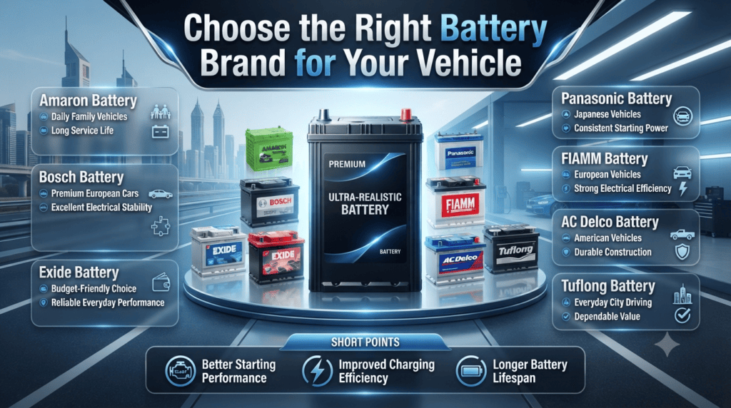 Premium infographic comparing top car battery brands including Amaron, Bosch, Exide, Panasonic, FIAMM, AC Delco, and Tuflong for reliable vehicle performance in Dubai.