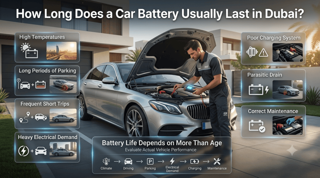 Car battery lifespan factors in Dubai including heat, parking, short trips, electrical demand, and charging system health.