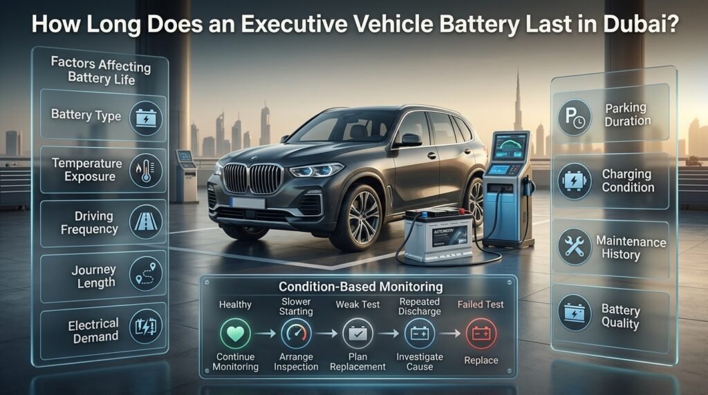 Executive vehicle battery lifespan in Dubai depends on battery type, heat, driving habits, electrical demand, and charging condition.