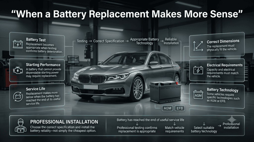 Car battery replacement guide showing battery testing, AGM and EFB technology, correct specifications, and professional installation.