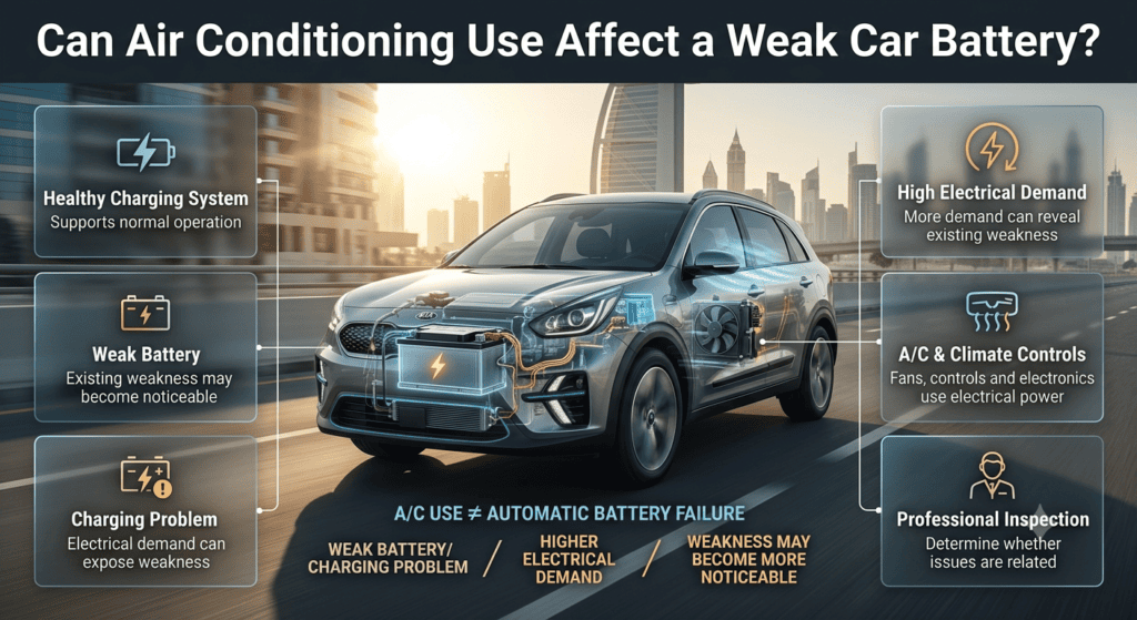Dubai car air conditioning and electrical demand can expose weakness in a battery or charging system during daily driving