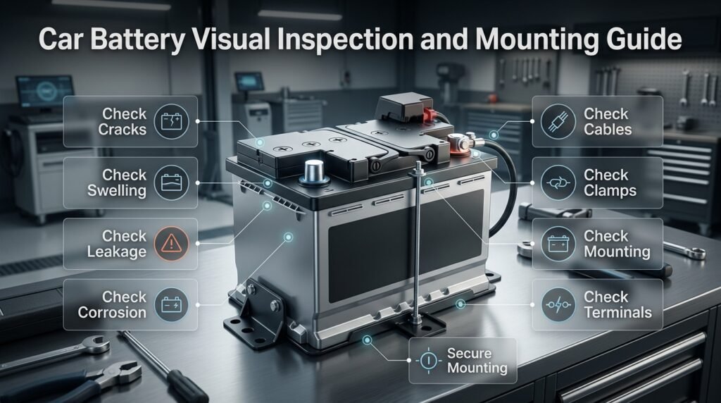 Car battery visual inspection showing cracks, swelling, corrosion, damaged cables, loose clamps, and secure battery mounting