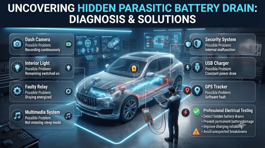 Premium automotive infographic showing common causes of excessive car battery drain, including dash cameras, interior lights, faulty relays, multimedia systems, GPS trackers, and USB chargers.