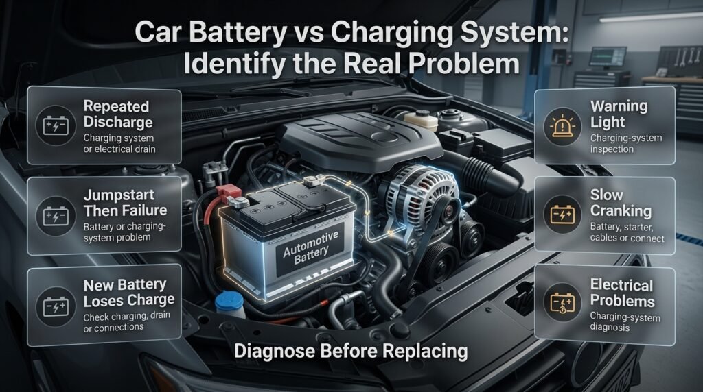 Car battery vs charging system infographic showing battery, alternator, starting symptoms, electrical drain and professional diagnosis