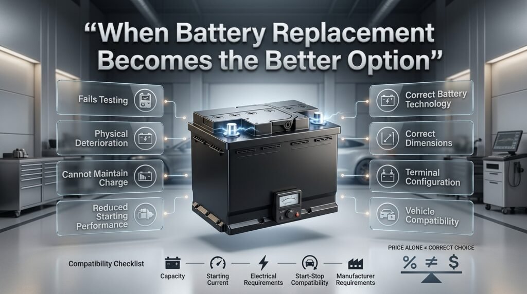 Car battery replacement decision showing correct battery technology, size, capacity, terminals, and vehicle compatibility requirements.