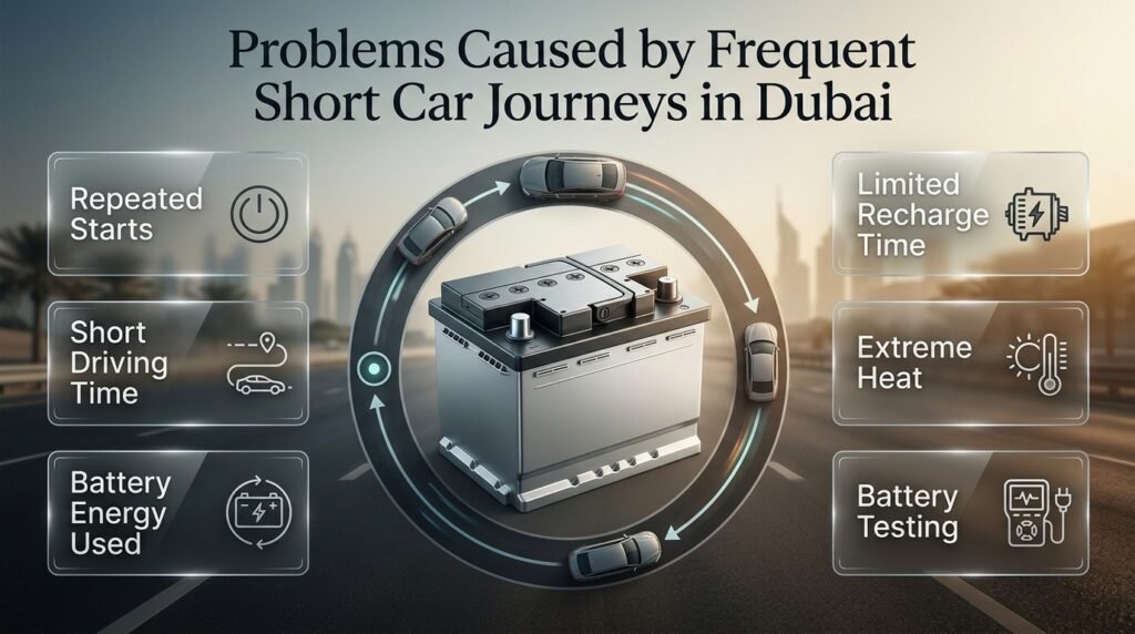 Frequent short car journeys in Dubai can stress the battery through repeated starts, limited charging time, heat, and electrical demand.