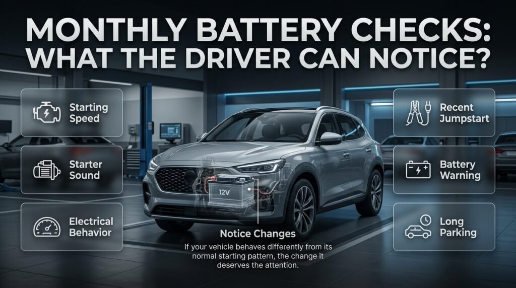 Monthly battery check showing slow starting, electrical warning signs, vehicle inactivity and battery inspection indicators