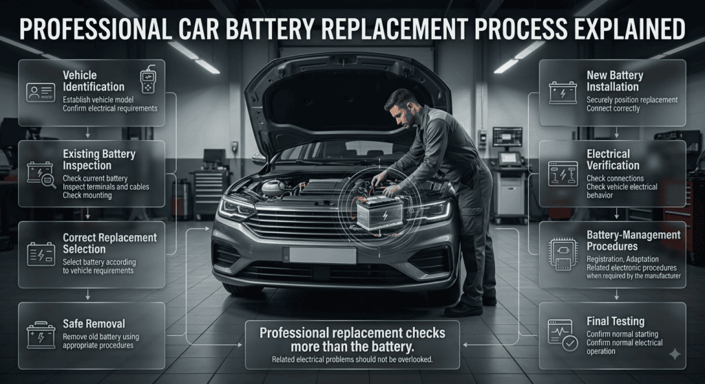 Infographic showing professional car battery replacement steps from vehicle inspection to final electrical testing